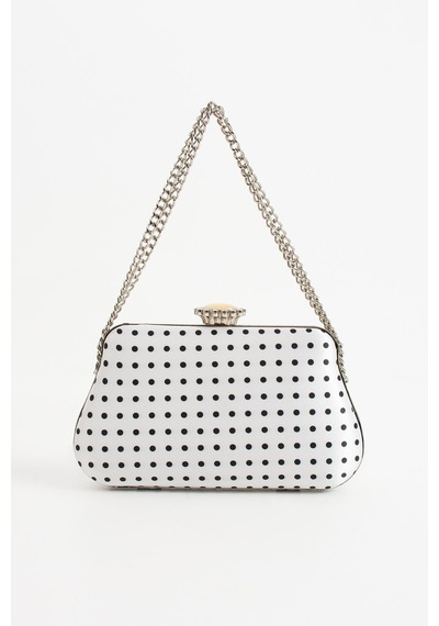 Lebibe Shoes Polkıa Beyaz Saten Kumaş Puantiye Desenli Zincir Askılı Klips Kapamalı Clutch Çanta