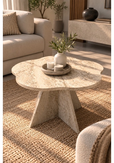 Sulorahome Çiçek Formlu Traverten Desenli Bej Orta Sehpa 70 Cm Akçaağaç