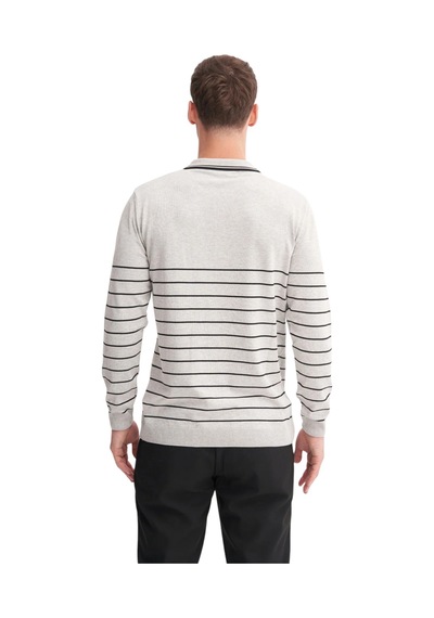 Cazador Slim Fit Viskon Dokulu Basic Çizgi Detaylı Polo Yaka Kazak-33020 Gri Melanj