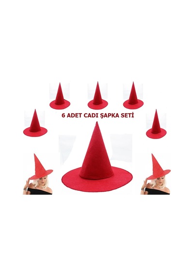 Kırmızı Renk Keçe Cadı Şapkası Yetişkin Çocuk Uyumlu 6 Adet Açık Mavi