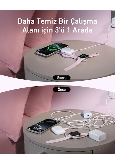Anker Ufo Maggo Kablosuz Şarj Cihazı 3'ü 1 Arada, Katlanabilir Ped - Pembe - B25m8
