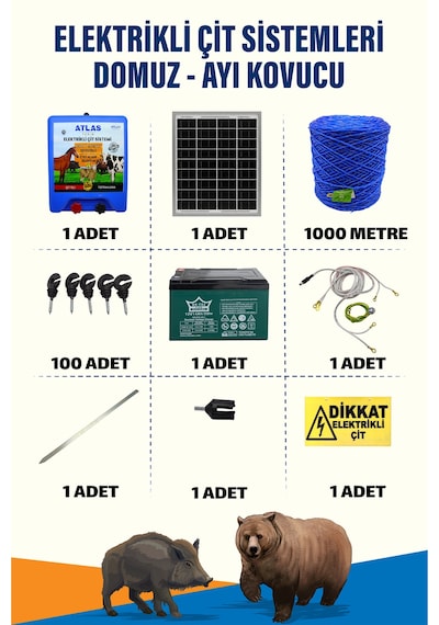 1000mt 5-15 Dönüm Domuz Kovucu Elektrikli Çit Sistemi 14a Akü Ve 25w Güneş Panelli