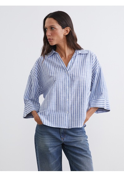 Lcw Vision Mavi Çizgili Oversize Poplin Kadın Gömlek