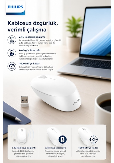 Philips SPK7307WL/00 Kablosuz Optik Mouse 2.4GH 1600 DPI Sessiz Tıklama Ergonomik Beyaz