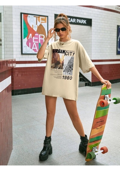Flood Of Style Kadın Vizon Urban Baskılı T-shirt Bej