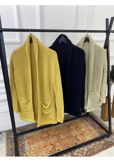 Elku Moda Elkumoda Hırka Kalın Örgü Şal Yaka Cepli Panço Triko Hırka-HIRKA2092