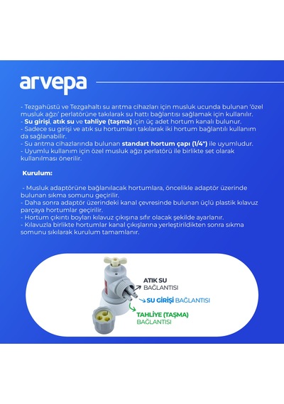 Arvepa Tezgahüstü Su Arıtma Cihazı Plastik Musluk Adaptörü - 3 Çıkışlı (1/4" Uyumlu)