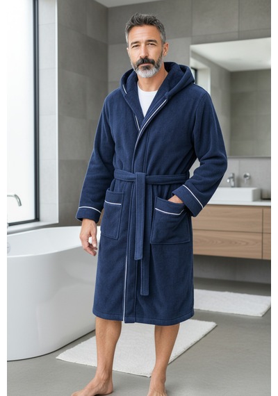 % 100 Pamuklu Laodikeia Kapşonlu Unisex Kadın Erkek Bornoz Lacivert