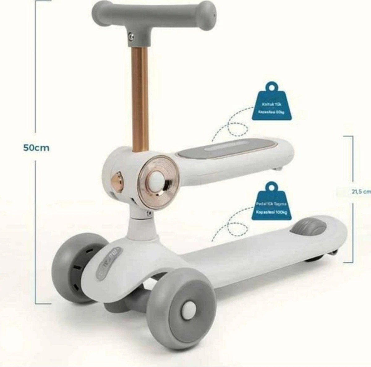 Led Işık 3 Tekerlekli Yükseklik Ayarlı Oturaklı Çocuk Scooter Beyaz Beyaz