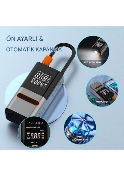 4000 Mah Şarjlı Taşınabilir Araba Lastik Hava Top Şişirme Pompası Led Işıklı Dijital Hava Kompresörü