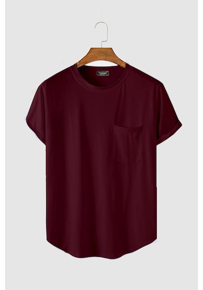 Erkek Yuvarlak Yaka Oval Kesim Cepli Basic T-shirt Bordo Bordo