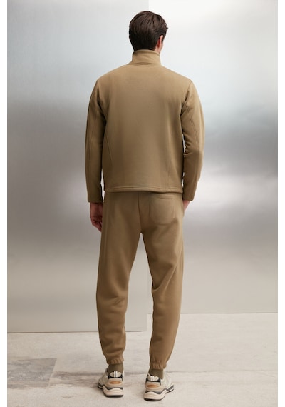 Grimelange Halden  Erkek Içi Polarlı Dik Yaka Yarım Fermuarlı Baskı Detaylı Regular Haki Sweatshirt