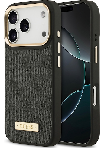 Apple Uyumlu iPhone 17 Pro Kılıf Guess Lisanslı M-safeli 4g Desenli Pu Metal Plaka Klasik Logolu Siyah Siyah