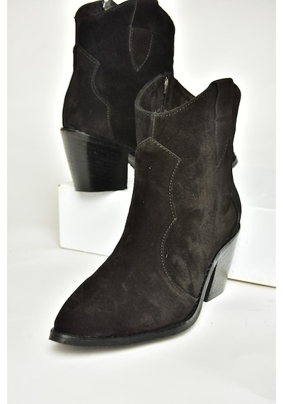 Fox Shoes T380082502 Siyah Süet Kovboy Model Kalın Topuklu Kadın Bot Siyah