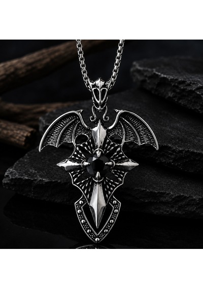 Paslanmaz Çelik Siyah Zirkon Taşlı Melek Kanat Stil Gotik Kadın Kolye Gümüş - Siyah