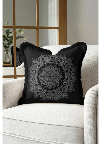 Mandala Sanatı Saçaklı Yastık Kılıfı - Siyah Bohem Stil Beyaz Motifli Püsküllü Kırlent Kılıfı Çok Renkli