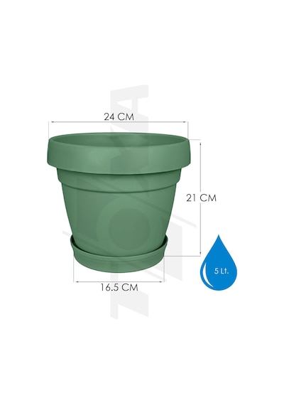 Tabaklı Delikli Plastik Çiçek Saksısı, 24 Cm 5.5 Lt, 1 Adet, Yeşil Diğer