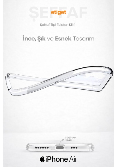 Apple Uyumlu iPhone Air Şeffaf Silikon Kılıf Şarj Yeri Tıpalı, Kenarları Kaymaz Şeffaf