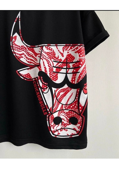 Startmore Erkek Siyah Büyük Logo Bulls Baskılı Oversize Bisiklet Yaka Tişört Siyah