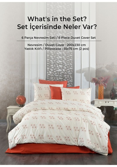 Nakışlı %100 Pamuk Akfil Nevresim Takımı Çift Kişilik 3 Parça Lüks Kalite Çeyizlik Krem / Turuncu Krem/turuncu