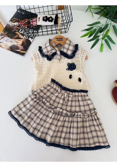 Miniğimin Cicileri Elegance Ekose Yaka Detaylı Örgü Yelekli Dantelli Katlı Etekli Kız Çocuk 3 Lü Takım - Lacivert Miniğimin Cicileri Elegance Ekose Yaka Detaylı Örgü Yelekli Dantelli Katlı Etekli Kız Çocuk 3 Lü Takım - Lacivert