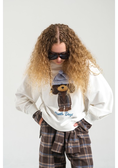 Loco Loco Ekru Şapkalı Köpek Baskılı Çocuk Sweatshirt