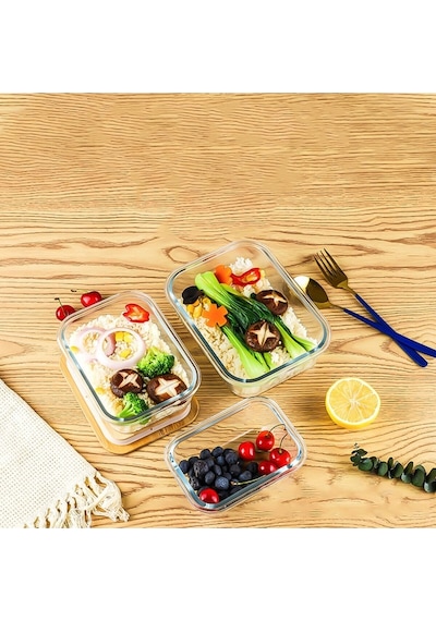 Qerhome Bambu Kapaklı 3'lü Diktörtgen Vakumlu Kase Cam Saklama Kabı 640-1000-1500 Ml Şeffaf