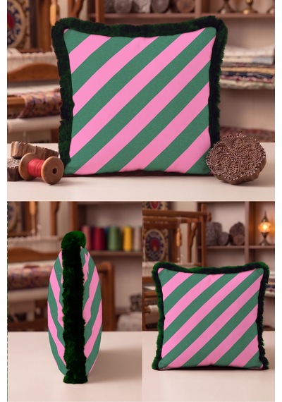 Çizgili Geometrik Saçaklı Yastık Kılıfı - Retro Şeker Tema Pembe Yeşil Siyah Püsküllü Kırlent Kılıfı Yalın Düş Serenat