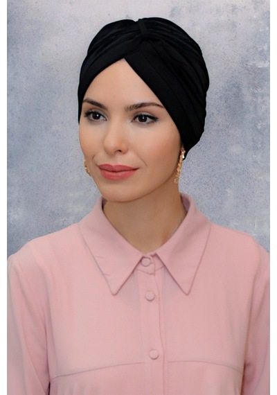 Hürrem Bone Siyah Pratik Hazır Geçmeli Tesettür Bone Fukuro Sandy Kumaş Büzgü Siyah