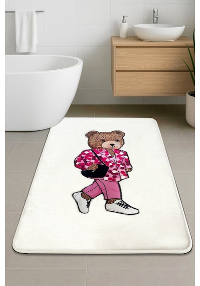 Boss Bear Ekru Tekli Nakışlı Banyo Paspası ,kaymaz Tabanlı 60x100cm Ekru-tekli