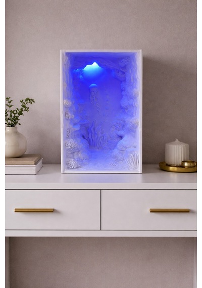 Led Işıklı 3d Okyanus Tablo Dekoratif Masa Üstü Gece La Beyaz
