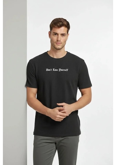 Efnaz Style Erkek Wafıl Kumaş Tişört Regular Kalıp Bisiklet Yaka Baskılı Günlük Basic T-shirt - Siyah