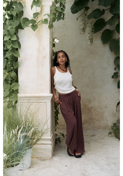 Mai Collection Mai Studios Co. Mahoney Bordo Keten Palazzo Pantolon Bordo