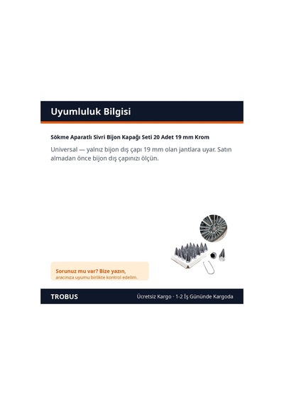 Trobus Sökme Aparatlı Sivri Bijon Kapağı Seti 20 Adet 19 Mm Krom