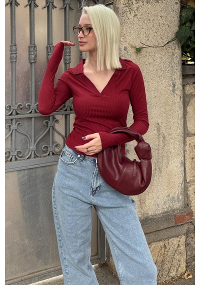 Madmext Bordo Polo Yaka Fitilli Kadın Body Mg2566 Bordo