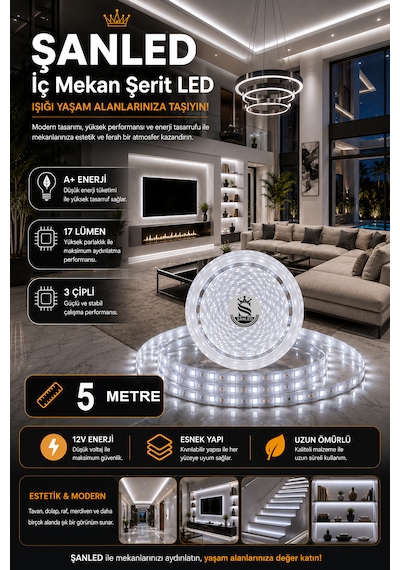 3 Çipli Şerit Led Beyaz Işık Rengi 12v 5 Metre