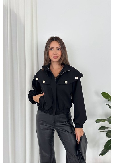 Dip Moda Kadın Siyah Metal Düğme Detaylı Fermuarlı Kısa Bomber Ceket Dpk5041