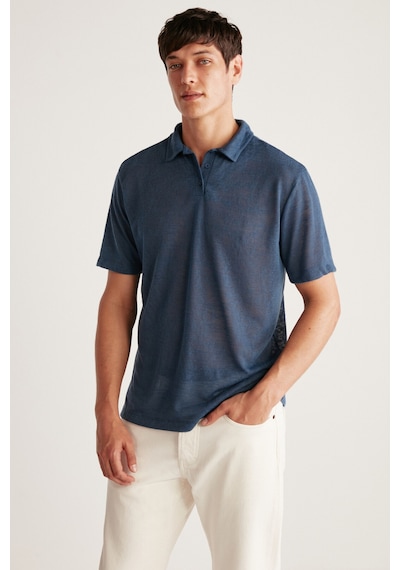 Grımelange Toby Erkek Polo Keten Görünümlü Tiril Tiril Kumaşlı Lacivert Polo Yaka T-shirt