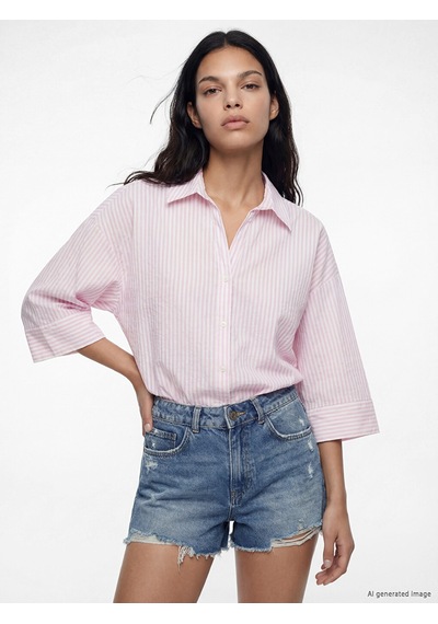 Lcw Vision Pembe Çizgili Oversize Poplin Kadın Gömlek