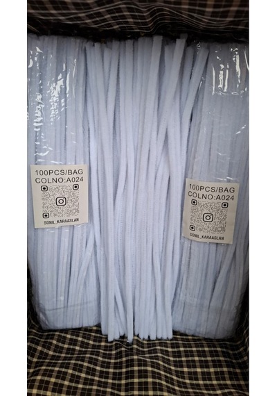 A024 Beyaz Şönil Dıy Tüylü Hobi Çubuğu - 100'lü Paket Chenille