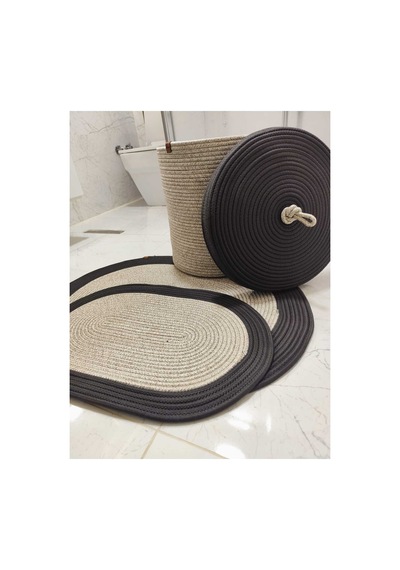Jüt Hasır 3 Lü Banyo Paspas Takımı Bohem Tarzı Banyo Takımı Paspas:50x80/ 40x60 /sepet/25x25 Taş Siyah Taş Siyah