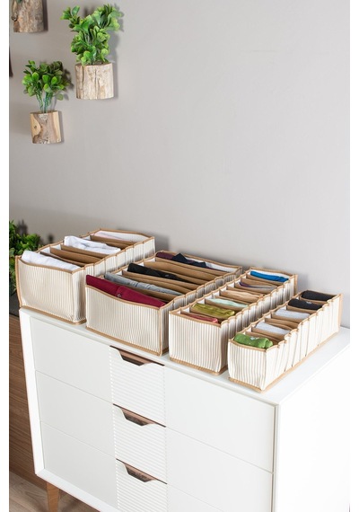 Serstil 11 Gözlü Çekmece Içi Bej Çizgili Düzenleyici Organizer - Small - 11 X 41 X 12 Cm