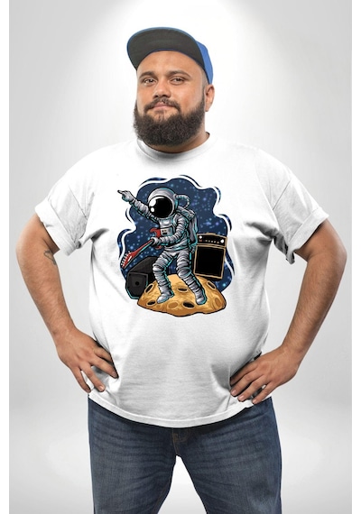 Angemiel Gitar Astronot Müzik Uzay Beyaz Büyük Beden Kadın Erkek Ünisex Basic Ön Baskılı Tişört Beyaz
