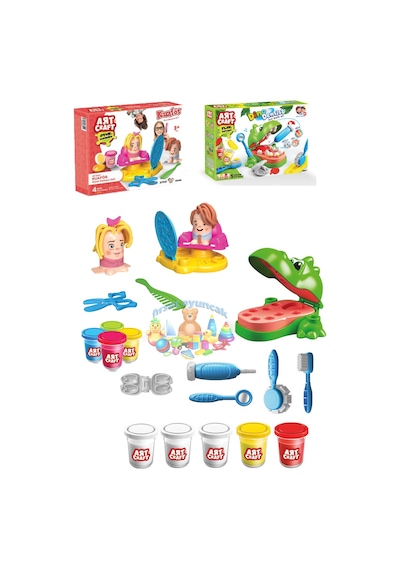 Oyuncak Dino Dişçi Oyun Hamuru Set Kuaför Hamur Set 2in1