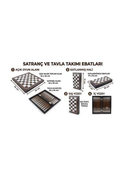 Kişiye Özel İsim Yazılabilir Lüks Ahşap Ceviz Görünümlü 3'ü 1 Arada Satranç Dama Tavla Seti 34 Cm