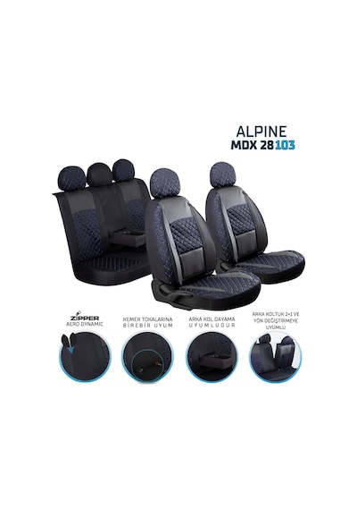 Mazda 323 Deri Detaylı Oto Koltuk Kılıfı Ön Arka Set Alpine Siyah Mavi Şhn