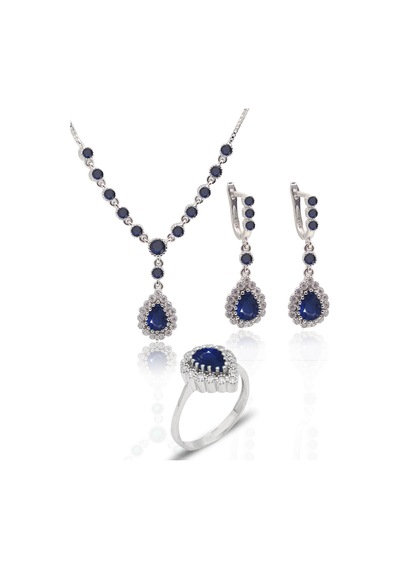 Safir Taşlı Damla Model 925 Ayar Gümüş Kadın Üçlü Set 201025667