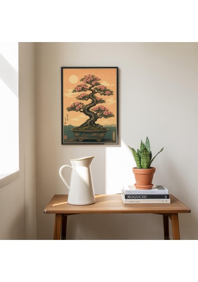 Japon Çiçek Açmış Bonsai Ağacı Sanat Baskısı, Vintage Botanik Oryantal Duvar Dekoru
