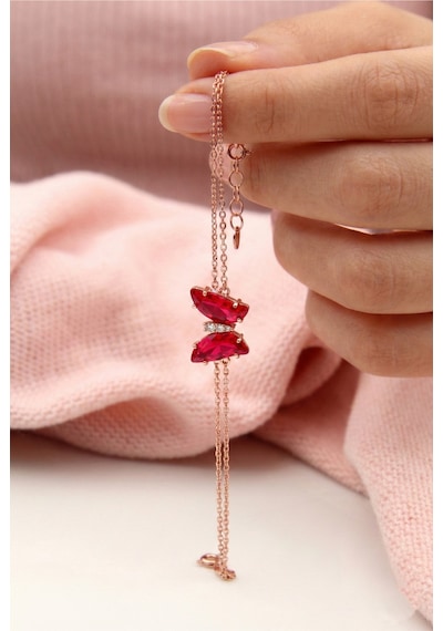 Çekirdekjewelry 925 Ayar Gümüş Rose Gold Kaplama Kırmızı Kelebek Detaylı Şık Bileklik Pembe