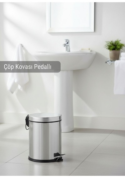 Pedallı Banyo Ve Mutfak Çöp Kovası 5 Litre - Krom Metalik Gri Lüks Çöp Kutusu İç Kovalı